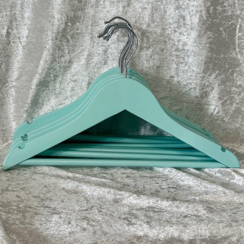 Set of‎  8 Kids Wooden Clothes Hangers Aqua Blue Non Slip Hangers Pants Bar